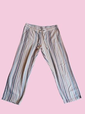 Vtg Da-sh Striped Drawstring Linen-Blend Ankle Pants in Cream, Blue & Pink-Small